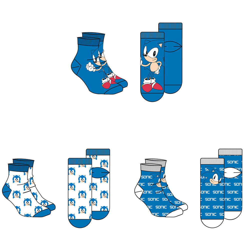 Sonic The Hedgehog Conjunto de 3 Pares Meias