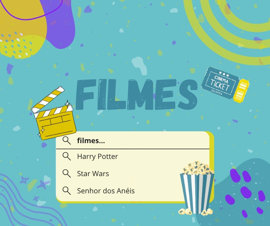 Ilustração de busca por filmes com lista de títulos como Harry Potter, Star Wars e Senhor dos Anéis, com pipoca e ingresso