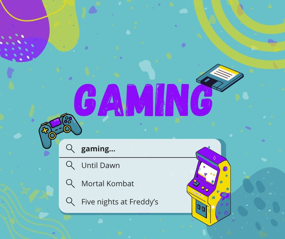 Ilustração de jogos com controle, arcade e sugestões de busca: Until Dawn, Mortal Kombat e Five nights at Freddy’s.