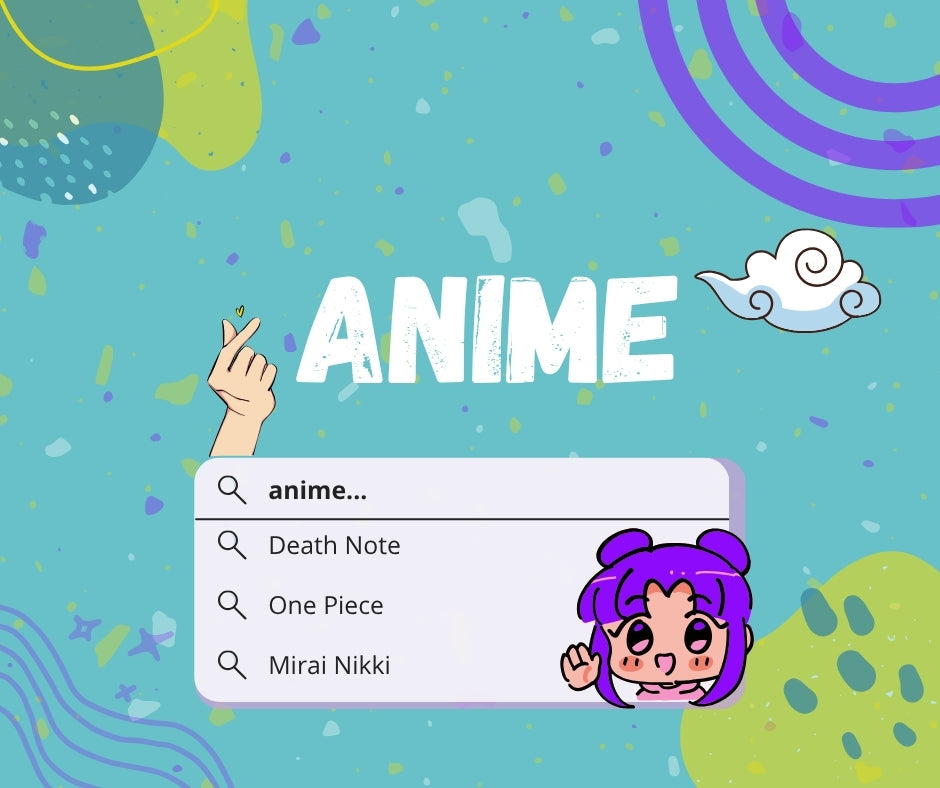 Anime 🌸: tela de busca com sugestões Death Note, One Piece e Mirai Nikki, e mascote roxo no canto.